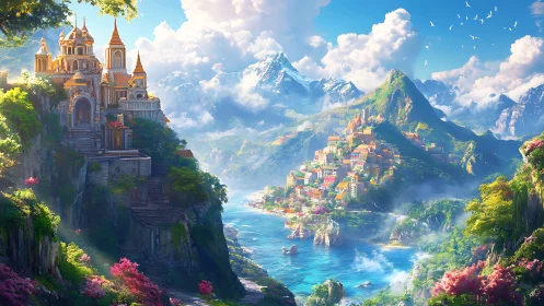 Sunlit twin citadels overlook a crystalline fantasy fjord