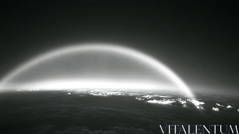 Monochrome arc of diffuse light extending above cloud layer.