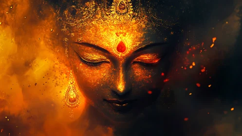 Firelit goddess portrait glows through swirling shadowed embers.