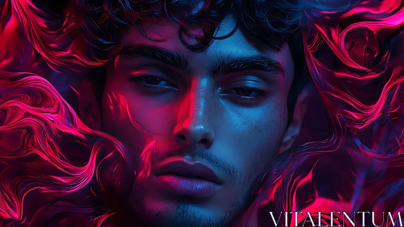 Neon-lit male portrait merges glowing swirls and calm gaze
