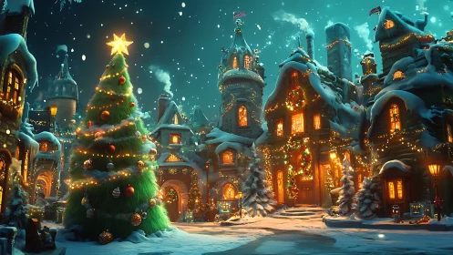Snow-draped village square with luminous Christmas tree.