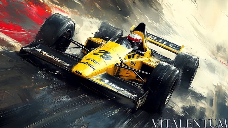 Yellow race car slicing through a storm of speed and color.