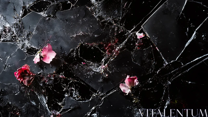 Shattered glass surface with scattered pink petals in high contrast