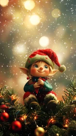 Cartoon elf figure sits on decorated fir branches in snow