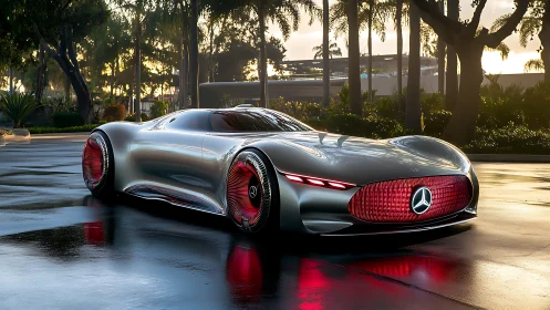 Sleek futuristic sports car glowing on a rain-kissed street.