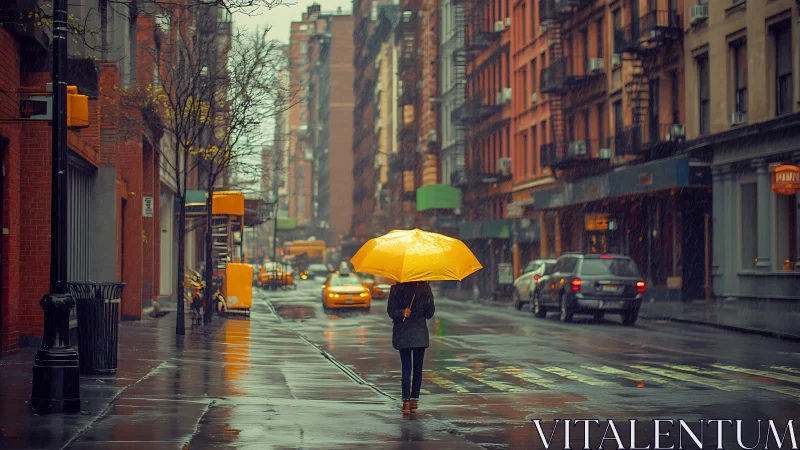 Bright yellow umbrella brings cozy calm to a rainy city street.