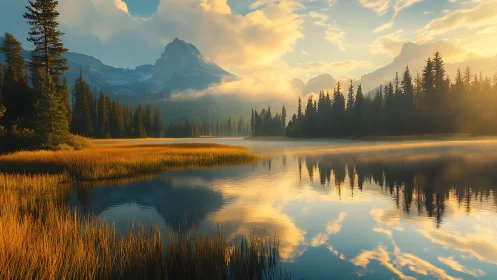 Golden mountain lake glows softly in calm sunrise light