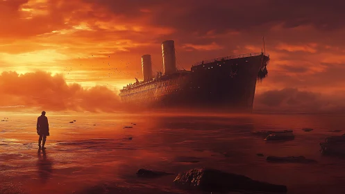Solitary figure studies rusted ocean liner at burning sunset