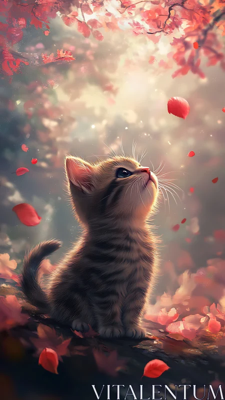 Kitten gazes upward amid falling red flower petals and glowing light