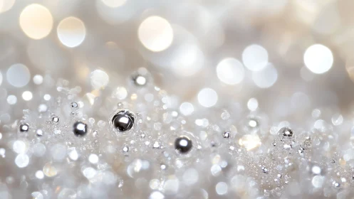 Silver dew orbs glitter in a dreamy frosted bokeh field.