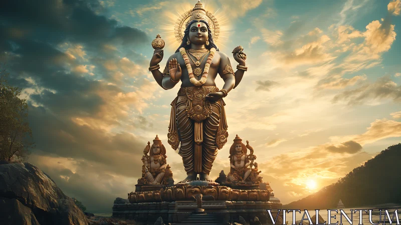 Large Hindu deity statue by riverside under cloudy sky.