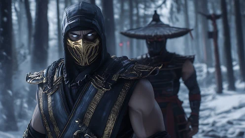 Masked warrior stands in snowy forest while fighter watches