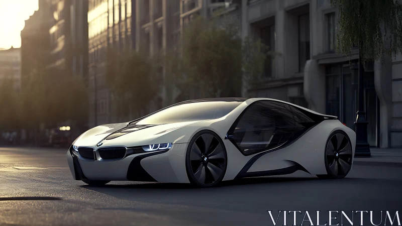 Futuristic electric concept coupe in soft urban sunset lighting