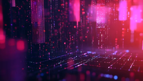 Futuristic digital cityscape with neon lights and glowing grids.