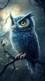 Blue owl on branch in glowing misty forest scene.
