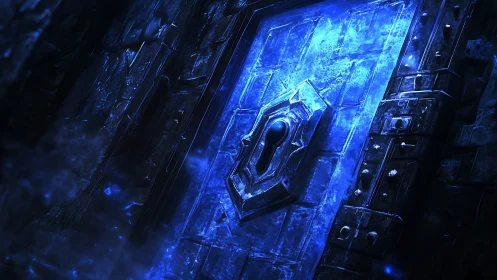 Ancient frozen vault door with glowing blue keyhole portal.