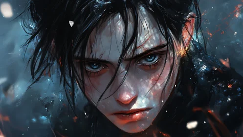 Fierce blue-eyed warrior stares through embers and ash.