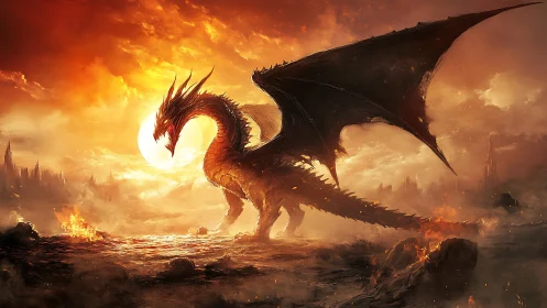 Apocalyptic fire dragon in backlit volcanic battlefield panorama.