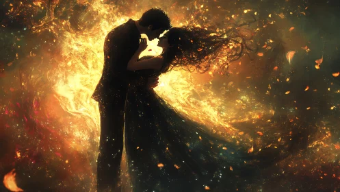 Inferno Embrace: Love Ablaze in Golden Chaos.