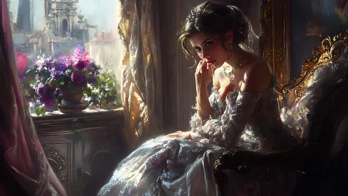Sunlit daydream of a quiet princess in her gilded room.