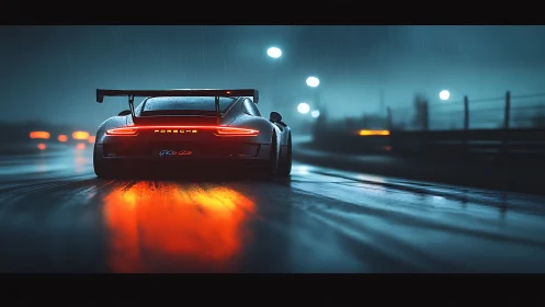 Rain-soaked Porsche GT3 tearing through neon-lit racetrack.
