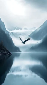 Still lake, soaring eagle, and soft blue mountain mist.