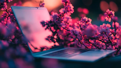 Laptop glows softly amid vibrant pink blossoms at dusk