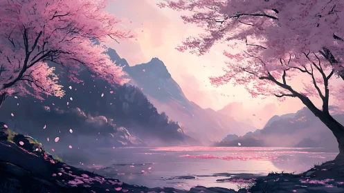 Lake landscape framed by pink blossom trees at sunrise.