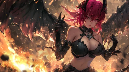 Fierce demon-winged warrior rises boldly from blazing fire