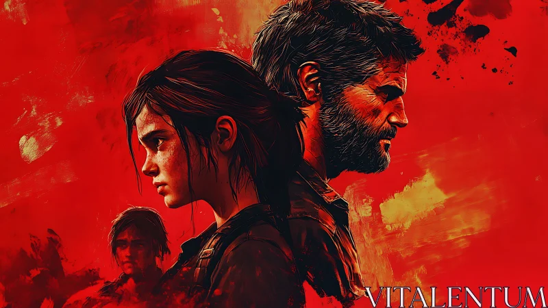 Blood-red survivor portrait of tense duo in profile view.