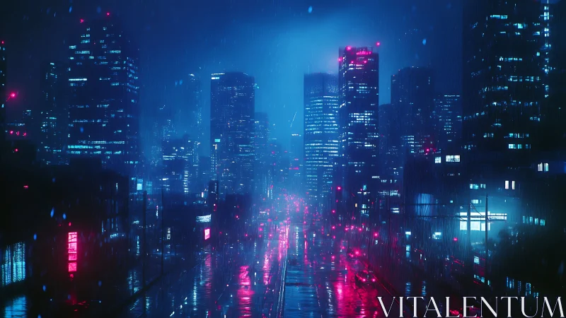 Moody neon city street glowing softly in the rainy night.