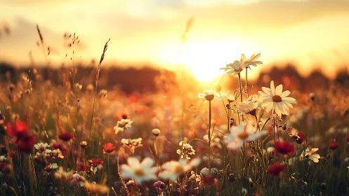 Shallow depth field wildflower field at golden hour with selective focus on daisies