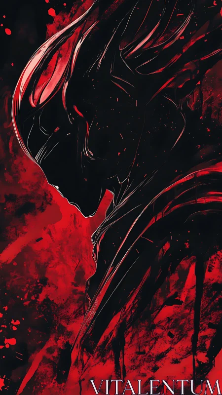 Brooding alien silhouette in crimson splatter stormed space.