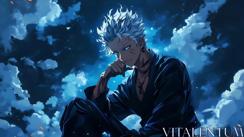Silver haired anime fighter in blue night sky cloudscape