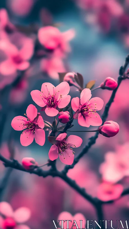 Pink Cherry Blossoms on Dark Branches