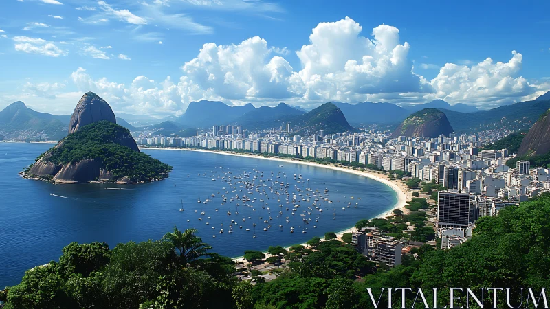 Coastal city skyline curves around deep blue tropical bay