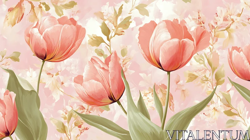 Coral Tulips with Botanical Composition Against Soft Pink Background.