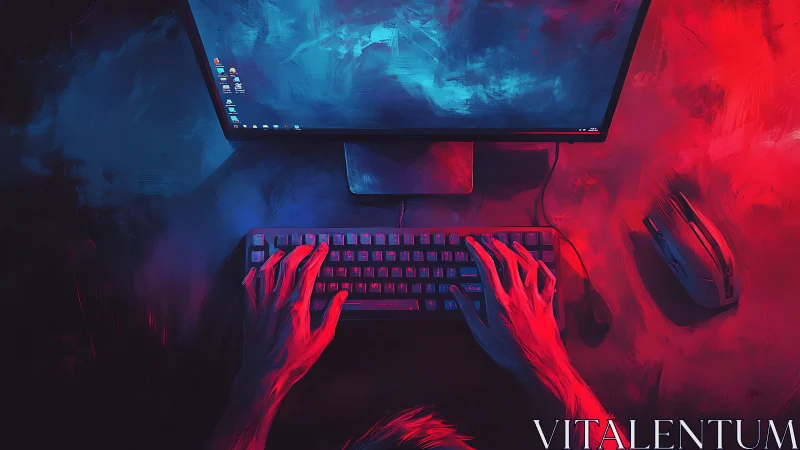 Gamer hands on RGB keyboard at glowing desktop setup.