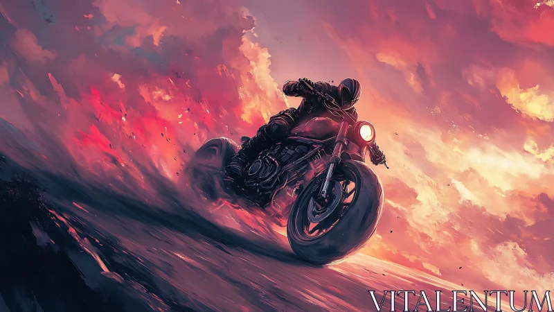 Motorcyclist leans into high-speed turn under vivid sunset sky