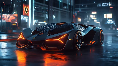 Futuristic low-profile supercar on wet neon city street.