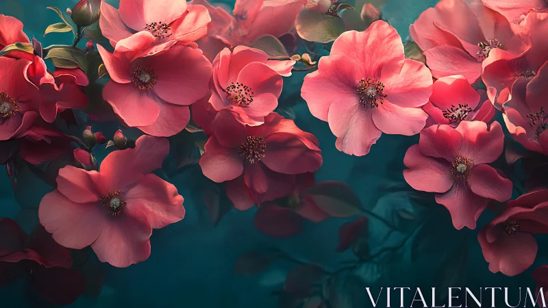 Rose Blooms Dance Against Turquoise Mystery in Luminous Symphony