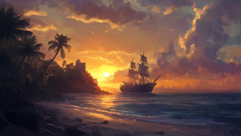 Sailing ship near tropical shoreline at coastal sunset.