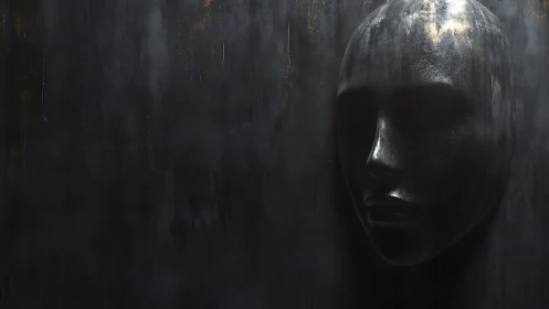 Gleaming metallic mask emerges from shadowed black wall.