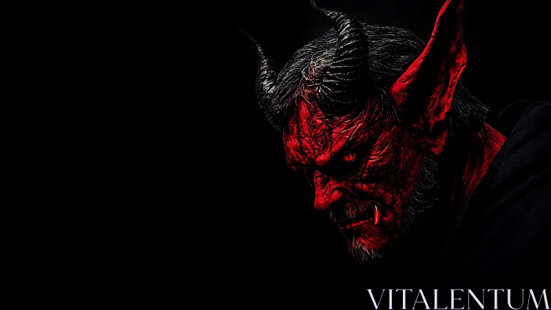 Brooding horned demon in shadowy crimson darkness.