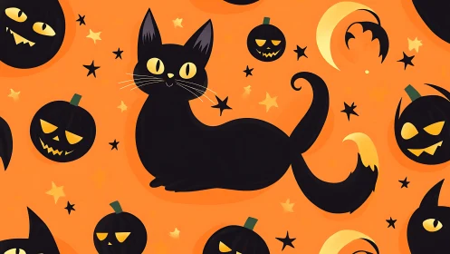 Bewitching Black Cat Sprawls Across Halloween's Glowing Orange Tapestry