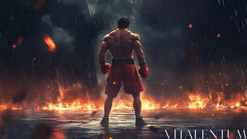 Muscular Boxer in Ring Rain with Inferno Lighting and Pyrotechnic Effects