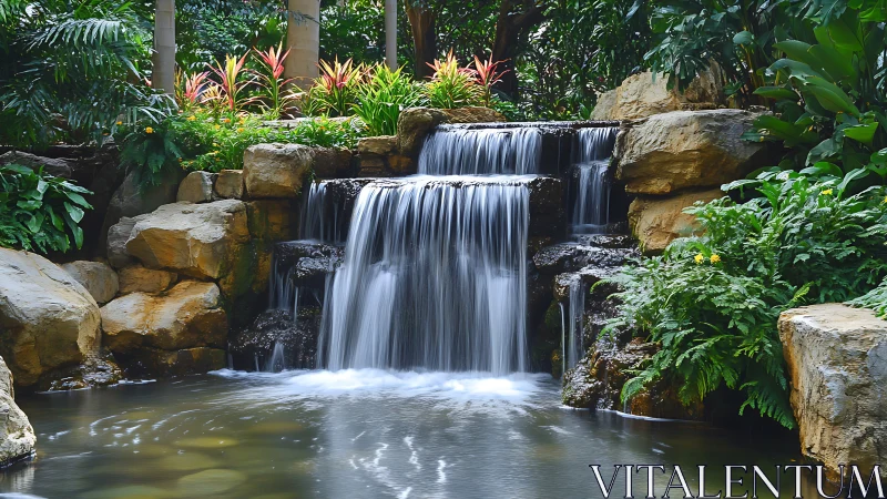 Gentle garden waterfall pours into a calm reflective pond