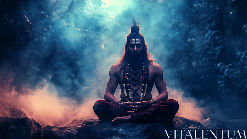 Mystic yogi meditates in glowing forest mist at twilight