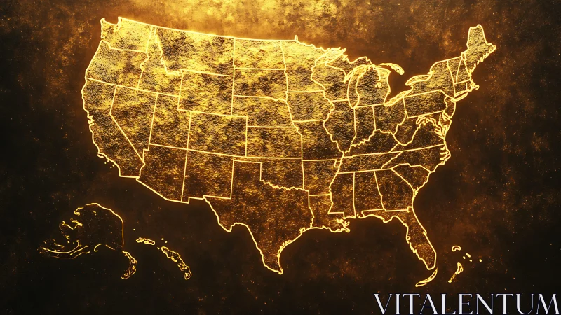 Luminous gilded map of the United States in glowing relief.
