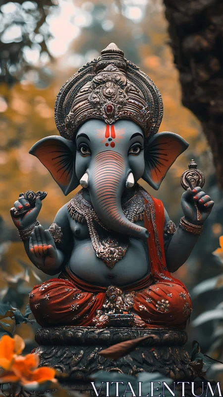 Forest-kissed Ganesha idol in ember robes and quiet grace.